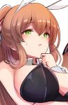  10eki_(tenchou) 1girl :o animal_ears bangs bare_shoulders black_leotard blush breasts brown_hair bunnysuit commentary_request detached_collar eyebrows_visible_through_hair girls_frontline green_eyes hair_rings hand_on_own_chin high_ponytail highres large_breasts leotard long_hair looking_at_viewer m1903_springfield_(girls_frontline) open_mouth parted_lips rabbit_ears solo strap_pull sweat wrist_cuffs 