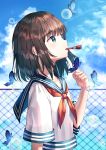  1girl blue_eyes brown_hair bubble bubble_blowing bug butterfly chain-link_fence clouds crop_top day fence flat_chest hand_up highres insect looking_up medium_hair mouth_hold neckerchief original outdoors ruda_(ruda_e) sailor_collar school_uniform serafuku shirt shirt_overhang short_sleeves solo sunlight upper_body white_shirt 