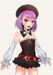 1girl :d absurdres bangs black_headwear black_panties black_skirt blush cowboy_shot detached_collar detached_sleeves eyebrows_visible_through_hair fate/grand_order fate_(series) flat_chest grey_background hat helena_blavatsky_(fate/grand_order) highres layered_skirt long_sleeves microskirt neck_ribbon open_mouth panties pleated_skirt purple_hair red_eyes ribbon shiny shiny_hair short_hair simple_background skirt smile solo standing strapless underwear white_ribbon white_sleeves yamabuki0211 