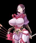  1girl absurdres arm_guards armlet armor bangs black_gloves bodysuit breasts curvy fate/grand_order fate_(series) fingerless_gloves gloves highres huge_breasts japanese_armor katana kote loincloth long_hair low-tied_long_hair minamoto_no_raikou_(fate/grand_order) parted_bangs purple_bodysuit purple_hair quiver ribbed_sleeves rope solo sword very_long_hair violet_eyes weapon yabby 
