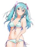  1girl alternate_hairstyle aqua_eyes aqua_hair ass_visible_through_thighs bikini bloom commentary cowboy_shot hair_ornament hand_in_bikini harukawa_(hal501) hatsune_miku light_blush long_hair looking_at_viewer midriff navel smile standing striped striped_bikini swimsuit two_side_up vocaloid white_background 