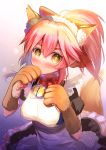 1girl absurdres alternate_costume animal_ear_fluff animal_ears bell bell_collar blush breasts cat_paws collar commentary commentary_request embarrassed enmaided eyebrows_visible_through_hair fate/grand_order fate_(series) fox_ears fox_girl fox_tail gloves hair_ribbon highres huge_filesize izumi_asayo jingle_bell large_breasts long_hair looking_at_viewer maid paw_gloves paws pink_hair ponytail red_ribbon ribbon solo tail tamamo_(fate)_(all) tamamo_cat_(fate) wavy_mouth yellow_eyes 