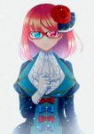  1girl blue_eyes breasts flower frills glasses gloves hair_flower hair_ornament heterochromia highres isaiah_(pixiv_fantasia_age_of_starlight) large_breasts long_sleeves looking_at_viewer medium_hair pixiv_fantasia pixiv_fantasia_age_of_starlight puffy_long_sleeves puffy_sleeves red-framed_eyewear red_eyes redhead simple_background standing upper_body vivid_bbdan white_background white_gloves 