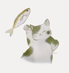  ayu_(mog) cat cat_focus closed_eyes english_commentary facing_viewer fish mixed-language_commentary no_humans original signature simple_background white_background 