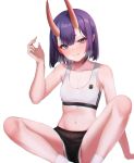  1girl bangs bare_shoulders black_shorts blush bob_cut bra breasts closed_mouth collarbone eyeliner fang fate/grand_order fate_(series) gadeung_hye highres horns knees_up looking_at_viewer makeup navel oni oni_horns pointy_ears purple_hair short_eyebrows short_hair short_shorts shorts shuten_douji_(fate/grand_order) simple_background skin-covered_horns small_breasts smile sports_bra thighs underwear violet_eyes white_background white_bra 