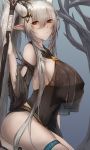  1girl alternate_breast_size arknights bangs bare_shoulders blue_background breasts brown_eyes commentary detached_sleeves hair_between_eyes highres holding holding_staff horns huge_breasts long_hair long_ponytail long_sleeves looking_at_viewer ponytail shining_(arknights) silver_hair solo staff thigh_strap thighs uchisukui very_long_hair 