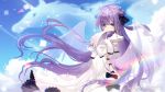  1girl azur_lane blue_sky covered_navel day dress elbow_gloves gloves highres light_particles long_dress long_hair looking_at_viewer object_hug one_side_up purple_hair side_bun sky solo sparkle standing stuffed_unicorn unicorn_(azur_lane) very_long_hair violet_eyes weibo_username white_dress white_gloves yuxiantailang 