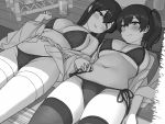  2girls akagi_(kantai_collection) bikini bikini_under_clothes breasts chair commentary_request cowboy_shot greyscale japanese_clothes kaga_(kantai_collection) kantai_collection large_breasts long_hair lying monochrome multiple_girls one_eye_closed open_clothes shijukara_(great_tit) side-tie_bikini side_ponytail swimsuit swimsuit_under_clothes thigh-highs wooden_floor 