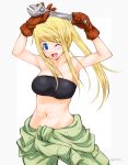  1girl abe_tsukumo armpits blonde_hair blue_eyes blush breasts fullmetal_alchemist gloves long_hair looking_at_viewer one_eye_closed open_mouth ponytail simple_background smile solo strapless tubetop winry_rockbell 