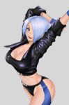  1girl anagumasan angel_(kof) arms_behind_head ass breasts cropped_jacket highres large_breasts midriff one_eye_covered open_mouth short_hair solo the_king_of_fighters white_hair 