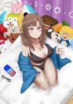  absurdres bed black_panties breasts brown_hair highres large_breasts lingerie oosuki_mamako panties pout pouty_lips spongebob_squarepants stuffed_animal stuffed_toy teddy_bear tsuujou_kougeki_ga_zentai_kougeki_de_ni-kai_kougeki_no_okaasan_wa_suki_desu_ka? underwear violet_eyes 