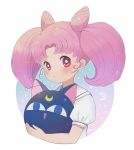  1girl ayu_(mog) blush bright_pupils closed_mouth copyright_request hair_bun looking_at_viewer pink_hair red_eyes solo star starry_background twintails upper_body 