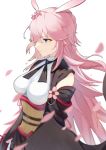  1girl absurdres blue_eyes braid commentary commentary_request detached_sleeves eyebrows eyebrows_visible_through_hair flower hair_flower hair_ornament highres honkai_(series) honkai_impact_3rd japanese_clothes long_hair parted_lips petals pink_hair simple_background solo yae_sakura zhourues 