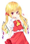  1girl alternate_hairstyle arm_at_side arm_up bangs blonde_hair breasts contrapposto cowboy_shot cravat expressionless eyebrows_visible_through_hair flandre_scarlet hair_ribbon hand_on_own_face heart highres kuraaken light_blush looking_at_viewer no_hat no_headwear puffy_short_sleeves puffy_sleeves red_eyes red_skirt red_vest ribbon shirt short_sleeves simple_background skirt skirt_set small_breasts solo standing touhou two_side_up vest white_background white_shirt wings yellow_neckwear 