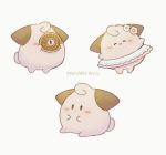  ayu_(mog) blush_stickers clefairy doughnut english_commentary food gen_1_pokemon mixed-language_commentary no_humans pokemon pokemon_(creature) signature simple_background sitting skirt white_background 