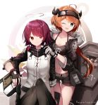  2girls ;d aa_(sin2324) ahoge arknights bandeau bangs belt black_gloves black_jacket black_legwear black_shorts brown_eyes commentary_request croissant_(arknights) exusiai_(arknights) eyebrows_visible_through_hair fingerless_gloves gloves grey_eyes gun halo highres horns jacket knees_up kriss_vector looking_at_viewer midriff multiple_girls navel one_eye_closed open_clothes open_jacket open_mouth orange_hair pantyhose raglan_sleeves redhead short_hair short_shorts short_sleeves shorts smile spaghetti_strap stomach submachine_gun thighs visor_cap weapon white_background white_gloves white_jacket 