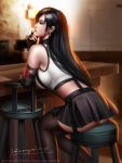  1girl ass black_hair black_legwear blurry blurry_background breasts closed_eyes earrings elbow_gloves final_fantasy final_fantasy_vii finger_to_mouth fingerless_gloves gloves highres jewelry large_breasts liang_xing lips long_hair low-tied_long_hair shirt sitting skirt solo suspender_skirt suspenders tank_top taut_clothes taut_shirt thigh-highs tifa_lockhart white_tank_top 