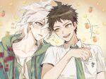  2boys :d ahoge bangs brown_hair collarbone collared_shirt dangan_ronpa_(series) dangan_ronpa_2:_goodbye_despair flush food fruit green_eyes green_jacket grey_hair hand_up hinata_hajime jacket komaeda_nagito long_sleeves looking_at_another male_focus medium_hair messy_hair multiple_boys necktie open_mouth pineapple ppap_(11zhakdpek19) print_shirt shirt short_hair smile upper_body upper_teeth white_hair 