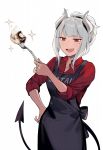 1girl apron bangs collared_shirt demon_girl demon_horns demon_tail duoyuanjun eyebrows_visible_through_hair food fork helltaker highres holding holding_fork horns lucifer_(helltaker) mole mole_under_eye open_mouth red_eyes red_shirt shirt silver_hair simple_background solo sparkle tail white_background 