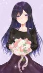  1girl alice_gear_aegis black_hair black_shirt bouquet closed_mouth commentary_request eyebrows_visible_through_hair flower highres holding holding_flower kagome_misaki mole petals purple_skirt shirt sikisikisikibu skirt smile violet_eyes 