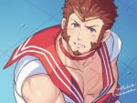  1boy bara beard bishoujo_senshi_sailor_moon blue_eyes blush brown_hair chest choker crossdressinging derivative_work earrings facial_hair fate/grand_order fate_(series) goatee highres jewelry looking_at_viewer male_focus meme muscle napoleon_bonaparte_(fate/grand_order) open_clothes pectorals red_choker red_earrings red_sailor_collar revealing_clothes sailor_collar sailor_moon_redraw_challenge scar screencap_redraw sideburns simple_background sitting solo sparkling_eyes sweatdrop tiara yaosan233 