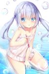  1girl bangs bare_arms bare_shoulders between_legs blue_eyes blue_hair blush bubble bubble_blowing chestnut_mouth collarbone commentary_request eyebrows_visible_through_hair gochuumon_wa_usagi_desu_ka? hair_between_eyes hair_ornament hand_between_legs highres holding kafuu_chino kneehighs long_hair na!?_(naxtuyasai) no_shoes parted_lips shallow_water sitting solo twintails very_long_hair wariza water white_camisole white_legwear x_hair_ornament 