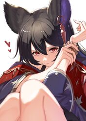  1girl absurdres aiu_eo animal_ears bangs black_hair ear_piercing erune granblue_fantasy highres long_hair looking_at_viewer nier_(granblue_fantasy) piercing red_eyes scrunchie solo 