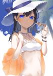  1girl absurdres aoto_sora bangs bare_shoulders bikini black_hair blue_bow blue_eyes blurry blurry_background bow breasts brown-tinted_eyewear closed_mouth commentary_request day depth_of_field eyewear_removed hair_between_eyes hands_up hat hat_bow highres holding holding_eyewear hoshino_yura long_hair navel outdoors palm_tree small_breasts smile solo station_memories sunglasses swimsuit tree upper_body white-framed_eyewear white_bikini white_headwear 