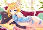  1girl animal_ear_fluff animal_ears bangs bare_shoulders blonde_hair blue_eyes blue_panties blue_sleeves blurry blurry_background bow bow_panties cat_ears cat_girl cat_tail commentary_request depth_of_field detached_sleeves eyebrows_visible_through_hair flower frilled_panties frilled_pillow frills hair_flower hair_ornament highres indoors leg_garter looking_at_viewer lying minatsuki_alumi navel object_hug on_side original panties parted_lips pillow puffy_short_sleeves puffy_sleeves short_sleeves solo stuffed_animal stuffed_cat stuffed_toy sunlight tail tail_raised underwear white_flower window 