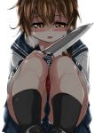  1girl anchor_symbol black_legwear blue_sailor_collar brown_eyes brown_hair folded_ponytail holding holding_knife inazuma_(kantai_collection) kantai_collection kneehighs knife long_hair long_sleeves nanodesu_(phrase) nukoyarou panties pantyshot pleated_skirt red_neckwear sailor_collar school_uniform serafuku shirt skirt solo squatting underwear white_panties white_shirt yandere 