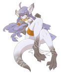  1girl ahoge animal_ears blue_hair blush bottomless breasts commentary_request dragon dragon_girl dragon_tail forest_of_pixiv furry grey_body highres long_hair looking_at_viewer lying medium_breasts olfiretta_(yoji_gen) on_back original partial_commentary snout solo tail underwear_removed very_long_hair yellow_eyes yoji_gen 