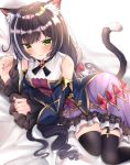  1girl animal_ear_fluff animal_ears black_hair black_legwear blush cat_ears cat_tail closed_mouth detached_sleeves garter_belt green_eyes hair_ribbon highres karyl_(princess_connect!) long_hair looking_at_viewer low_twintails multicolored_hair nakaji_(user_snap3353) princess_connect! princess_connect!_re:dive purple_skirt red_ribbon ribbon skirt solo streaked_hair tail thigh-highs twintails white_hair 