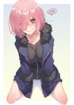  1girl alternate_costume blush border breasts cosplay fate/grand_order fate_(series) fur-trimmed_collar fur-trimmed_sleeves fur_trim hair_over_one_eye jeanne_d&#039;arc_(alter)_(fate) jeanne_d&#039;arc_(alter)_(fate)_(cosplay) jeanne_d&#039;arc_(fate)_(all) jjune kneeling looking_at_viewer mash_kyrielight outside_border short_hair smile solo spoken_blush sweat violet_eyes white_border zipper 