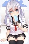  1girl absurdres black_legwear black_sailor_collar black_skirt blue_eyes commentary_request eating food hibiki_(kantai_collection) hibiki_zerocodo highres holding holding_food ice_cream kantai_collection long_hair long_sleeves looking_at_viewer miniskirt pleated_skirt popsicle sailor_collar school_uniform serafuku shirt silver_hair sitting skirt solo thigh-highs translation_request white_shirt 