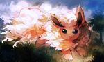  blue_eyes blue_sky commentary creature day english_commentary flareon full_body gen_1_pokemon grass jumping lady_kuki no_humans outdoors pokemon pokemon_(creature) signature sky solo tree 