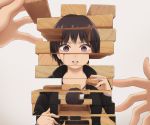  1girl black_hair black_hoodie commentary_request facing_away grey_background holding jenga long_sleeves looking_at_viewer original out_of_frame parted_lips pov pov_hands short_hair surreal upper_body violet_eyes yajirushi_(chanoma) 