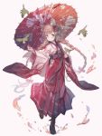  1girl animal_ears bird blush boots braid brown_hair eyebrows hair_ornament japanese_clothes long_braid looking_at_viewer oriental_umbrella original oro_ponzu twin_braids twintails umbrella 