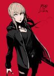  1girl artoria_pendragon_(all) black_hoodie black_shirt blonde_hair braid cross cross_necklace dark_excalibur fate/grand_order fate_(series) french_braid highres hood hoodie jewelry looking_at_viewer necklace peperon_(peperou) red_background saber_alter shirt short_hair solo torn_clothes yellow_eyes 