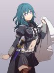  1girl armor asao_(vc) belt belt_buckle black_skirt blue_eyes blue_hair buckle byleth_(fire_emblem) byleth_eisner_(female) cape closed_mouth commentary_request dagger fire_emblem fire_emblem:_three_houses grey_background highres long_hair long_sleeves midriff miniskirt navel navel_cutout sheath sheathed simple_background skirt smile solo thigh-highs weapon 