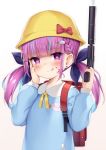  1girl :q absurdres backpack bag blue_hair blue_ribbon blue_shirt blush bow braid child closed_mouth collared_shirt commentary_request ear_piercing earrings gradient gradient_background grey_background gun hair_ribbon hand_on_own_cheek handgun hat hat_bow heart heart-shaped_pupils highres holding holding_gun holding_weapon hololive jewelry kindergarten_uniform long_hair minato_aqua multicolored_hair piercing pistol purple_hair randoseru red_bow ribbon school_hat shirt smile smoke smoking_gun solo stud_earrings suppressor symbol-shaped_pupils taitai tongue tongue_out twintails two-tone_hair upper_body violet_eyes virtual_youtuber weapon weapon_request white_background yellow_headwear younger 