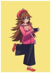  1girl angellyuna bag bangs beret black_pants bow breasts brown_eyes brown_hair fate/extra fate/extra_ccc fate_(series) glasses hair_bow hamster handheld_game_console hat holding_handheld_game_console jinako_carigiri large_breasts long_hair long_sleeves looking_at_viewer nintendo nintendo_switch open_mouth pants pink_sweater red_footwear red_headwear shoulder_bag simple_background smile sweater yellow_background 