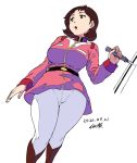  1girl belt breasts commentary_request dated earth_federation gundam holding large_breasts looking_to_the_side mirai_yashima mobile_suit_gundam signature tsukudani_(coke-buta) uniform white_background zero_gravity 