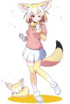  1girl :3 animal_ears blonde_hair bow bowtie commentary_request elbow_gloves extra_ears eyebrows_visible_through_hair fennec_(kemono_friends) fennec_fox finger_to_mouth fox_ears fox_girl fox_tail full_body fur_trim gloves highres kemono_friends multicolored_hair one_eye_closed pink_sweater pleated_skirt puffy_short_sleeves puffy_sleeves short_hair short_sleeves skirt solo sweater tail takosuke0624 thigh-highs white_footwear white_hair white_skirt yellow_gloves yellow_legwear yellow_neckwear zettai_ryouiki 