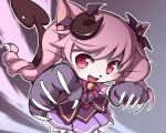  1girl :3 :d ageha_(cat_busters) animal_ears bell blush bow cat cat_busters cat_ears cat_girl claws commentary_request cowboy_shot demon_horns demon_tail fang flush furry grey_background horns looking_to_the_side nekoguruma open_mouth partial_commentary pink_bow pink_fur pink_hair simple_background slit_pupils smile solo tail two-tone_fur whiskers white_fur 