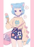  1girl animal_ears artist_name bag blue_hair bow cat_ears cat_girl cat_tail commentary_request copyright_request duffel_bag earrings feet_out_of_frame food ghost hair_ornament hairclip high-waist_skirt highres ice_cream ice_cream_cone jewelry jikuno lanyard light_blue_hair miniskirt pink_background pink_eyes shirt_tucked_in simple_background skirt sleeves_past_fingers sleeves_past_wrists solo sprinkles sweater tail tongue tongue_out white_background 