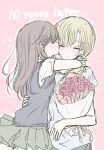  1_x_1/2 2girls 66ta1yak1 blonde_hair blush bouquet brown_hair closed_eyes commentary_request english_text flower green_skirt highres holding holding_bouquet hug incest kiss long_hair morii_asuka morii_ayako mother&#039;s_day mother_and_daughter multiple_girls pink_background rose school_uniform shirt simple_background skirt sweater_vest white_shirt yuri 