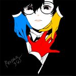  3boys amamiya_ren black_background blue_gloves copyright_name glasses gloves limited_palette male_focus multiple_boys parted_lips persona persona_3 persona_4 persona_5 red_gloves solo_focus yasuu! yellow_gloves 