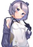  1girl armored_collar azur_lane bearn_(azur_lane) blush breasts cloak cuffs eyelashes gloves hairband highres long_sleeves looking_at_viewer monocle navel ribbon seele0907 short_hair shoulders silver_hair skin_tight small_breasts twintails violet_eyes 