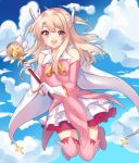  1girl :d absurdres bare_shoulders blue_sky breasts clouds cloudy_sky detached_sleeves fate/kaleid_liner_prisma_illya fate_(series) floating full_body gloves happy highres holding holding_wand illyasviel_von_einzbern layered_skirt light_brown_hair long_hair long_sleeves looking_at_viewer magical_ruby open_mouth pink_footwear pink_legwear pink_shirt pink_sleeves prisma_illya round_teeth shirt skirt sky sleeveless sleeveless_shirt small_breasts smile solo teeth thigh-highs two_side_up wand white_gloves white_skirt yaya_chan 