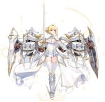  1girl armored_boots azur_lane bare_shoulders blonde_hair blue_eyes boots breasts cannon dress faulds full_body gauntlets gold_trim highres holding holding_sword holding_weapon jeanne_d&#039;arc_(azur_lane) knee_boots large_breasts long_hair long_skirt looking_at_viewer machinery maya_g official_art rapier shield showgirl_skirt skindentation skirt solo standing sword thigh-highs torpedo_tubes transparent_background turret weapon white_dress white_legwear zettai_ryouiki 